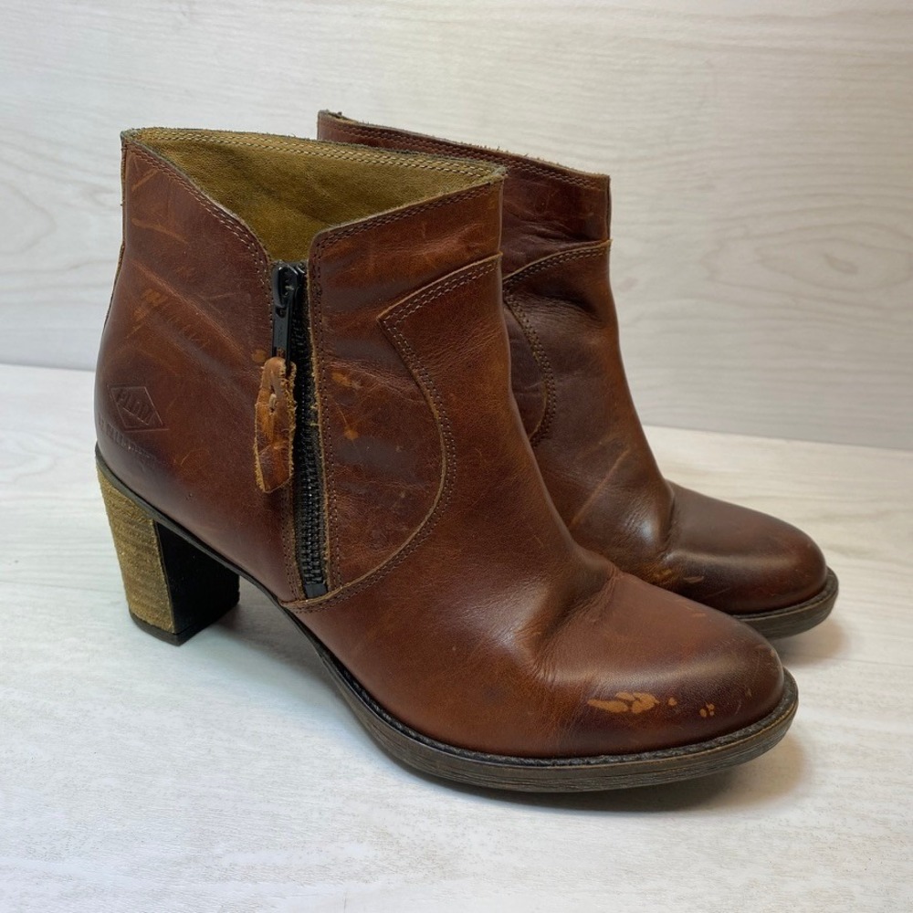 PLDM by Palladium Womens 7 Ankle Boots Block Heel Brown Leather Zip Distressed